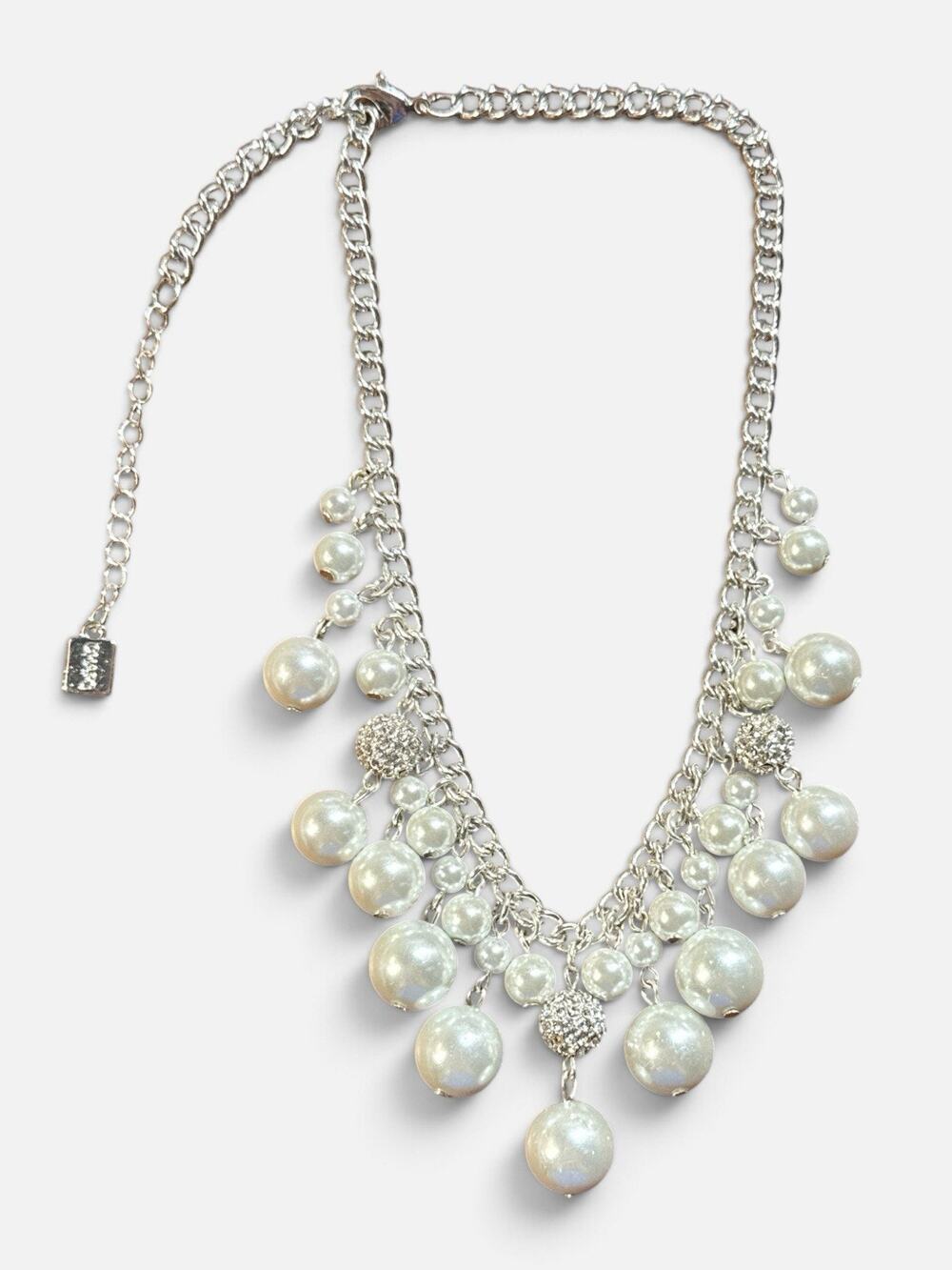 Chaps RL Faux Pearl Beaded Necklace Silver White CZ Dangle Drop Bridal Formal
